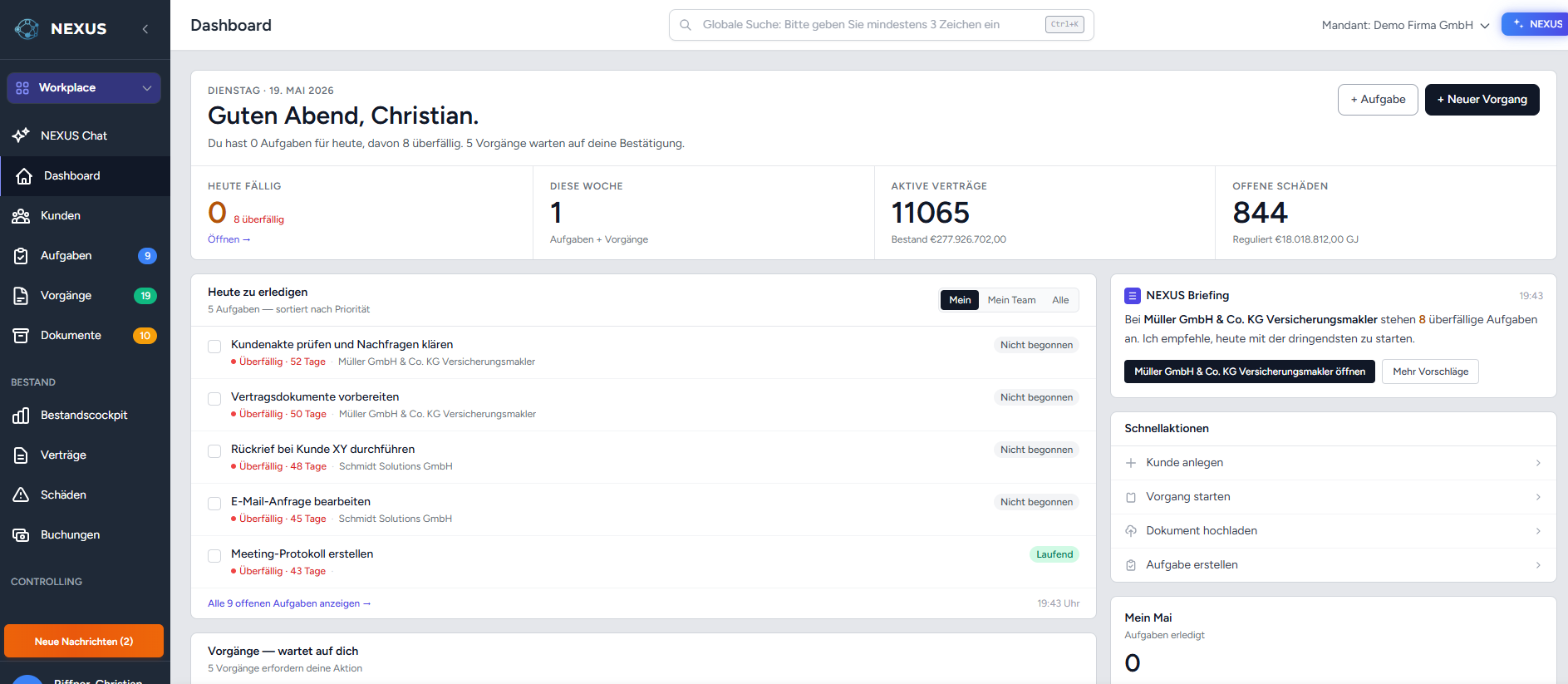 NEXUS Dashboard — Aufgaben, Vorgänge und Bestand auf einen Blick